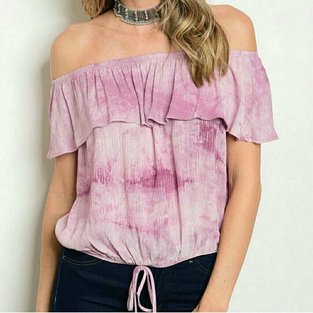 ESTAM Tie Dye Purple Off Shoulder Tie Waist Top NEW
